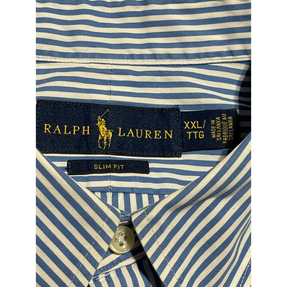 Ralph Lauren Mens XXL Slim Fit Blue White Striped Button Down‎ Shirt EUC